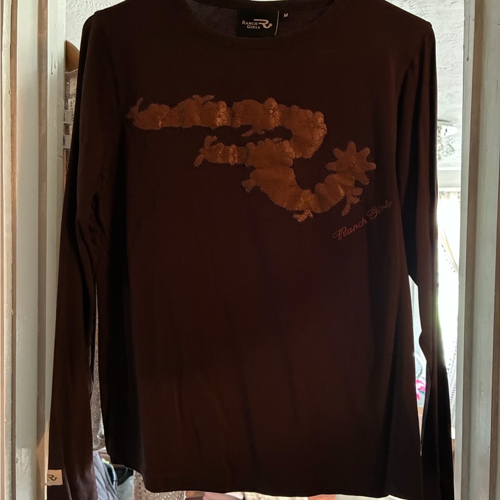 Women’s Long Sleeve Tee - Brown with Floral Spur Graphic